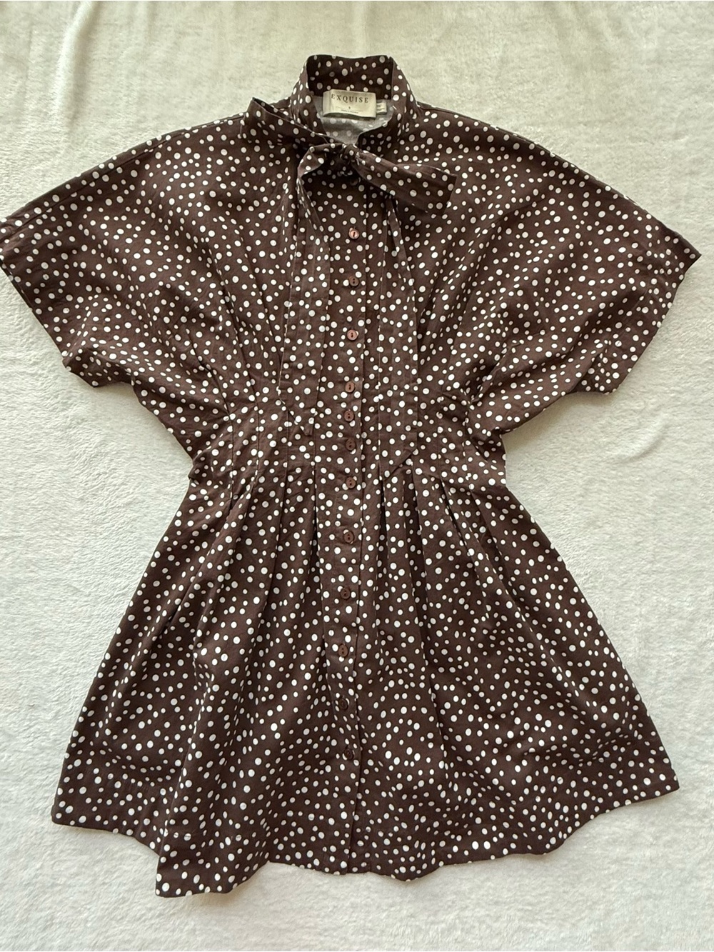 Exquise Janet Brown White Polka Dot Tie Neck Shirt Dress Size S - Picture 2 of 8